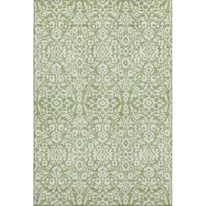 Photo of Green And Ivory Damask Washable Area Rug With UV Protection