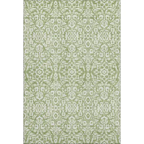Green And Ivory Damask Washable Area Rug With UV Protection Photo 1