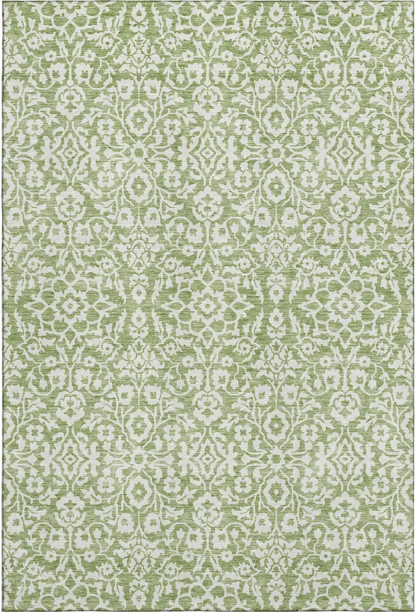 Green And Ivory Damask Washable Area Rug With UV Protection Photo 1