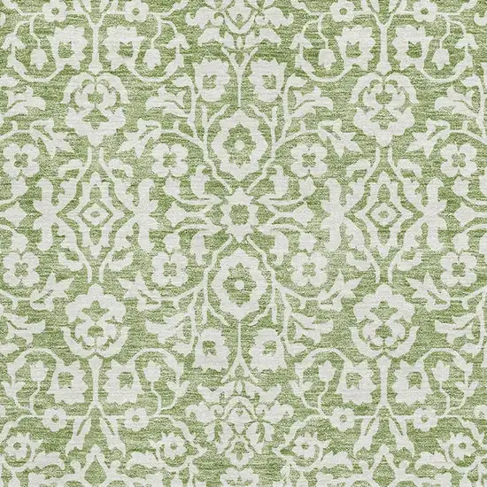 Green And Ivory Damask Washable Area Rug With UV Protection Photo 3