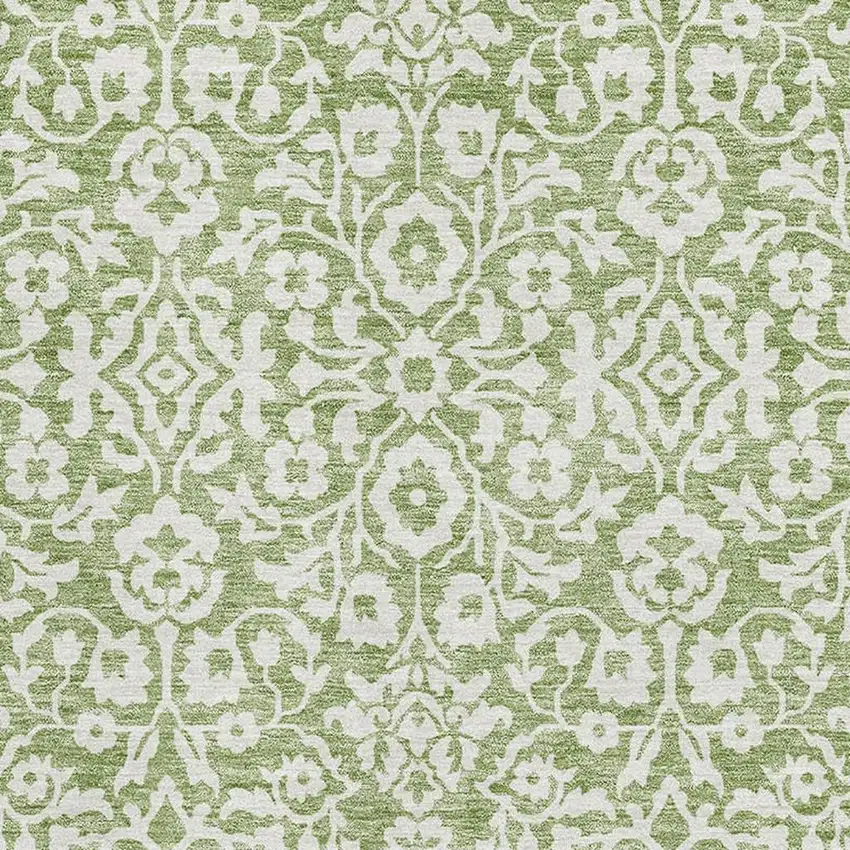 Green And Ivory Damask Washable Area Rug With UV Protection Photo 3