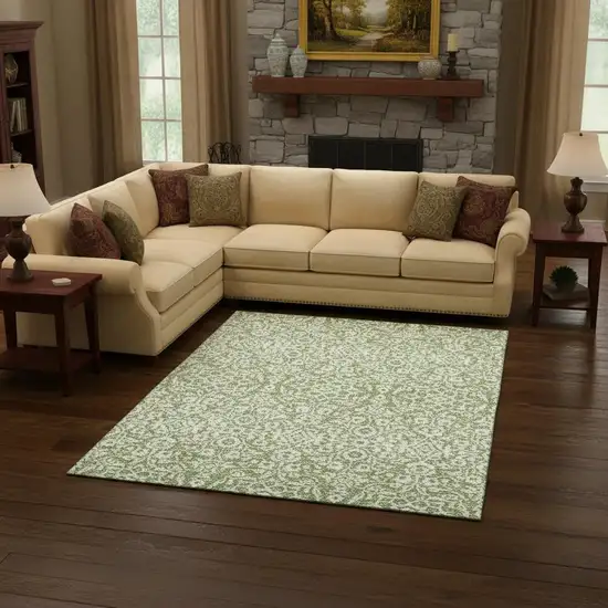 Green And Ivory Damask Washable Area Rug With UV Protection Photo 2