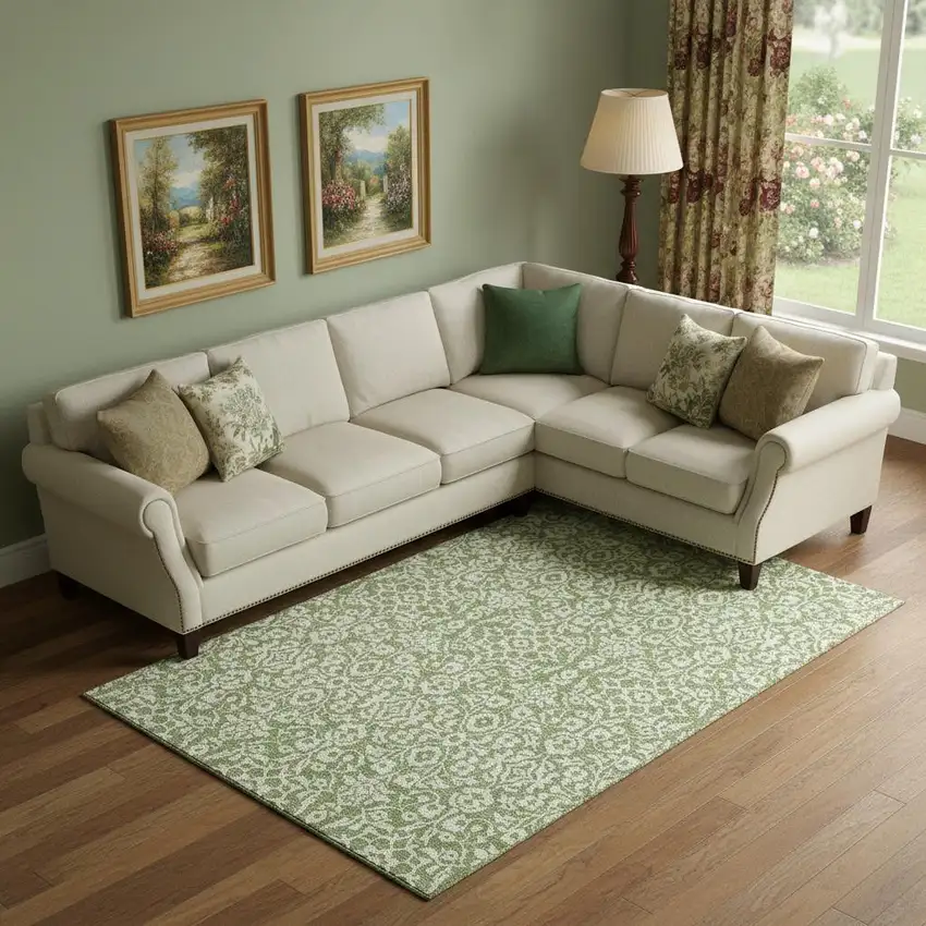 Green And Ivory Damask Washable Area Rug With UV Protection Photo 1
