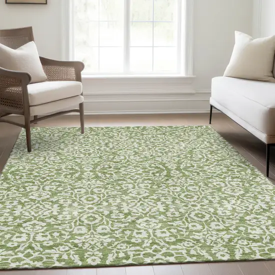 Green And Ivory Damask Washable Area Rug With UV Protection Photo 6