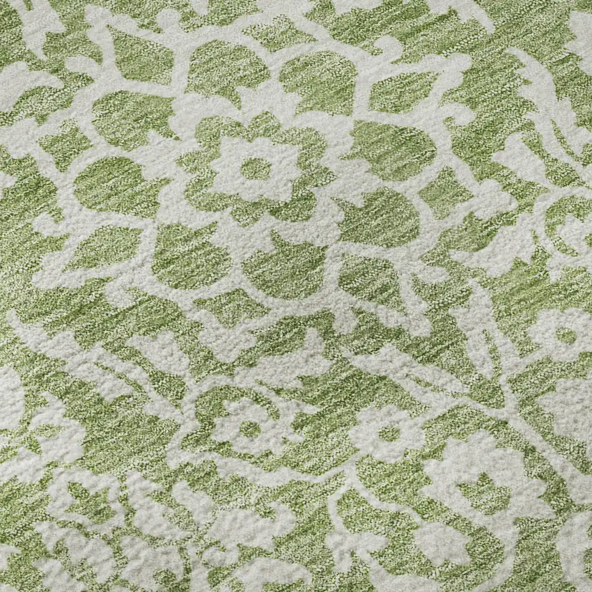 Green And Ivory Damask Washable Area Rug With UV Protection Photo 9