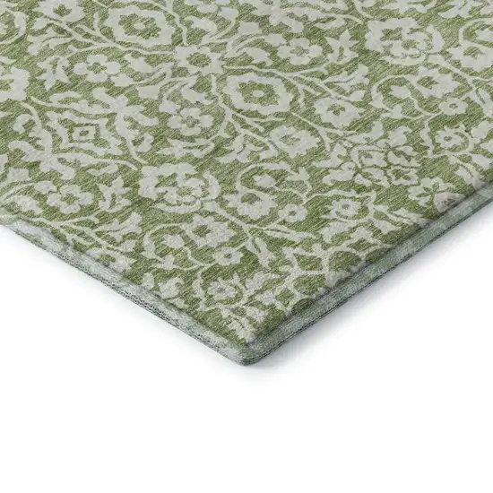 Green And Ivory Damask Washable Area Rug With UV Protection Photo 8