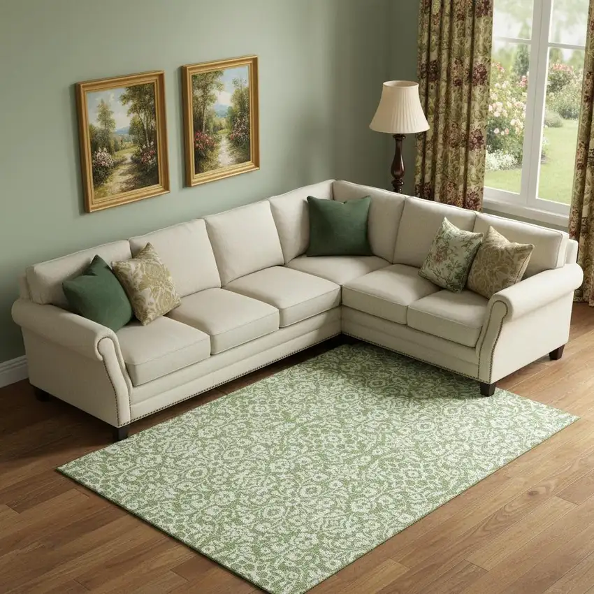 Green And Ivory Damask Washable Area Rug With UV Protection Photo 1