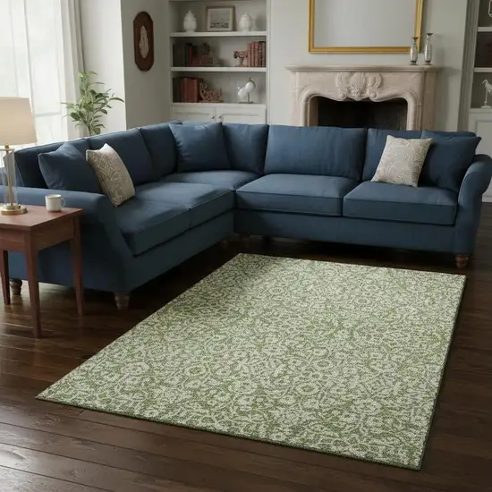 Green And Ivory Damask Washable Area Rug With UV Protection Photo 2