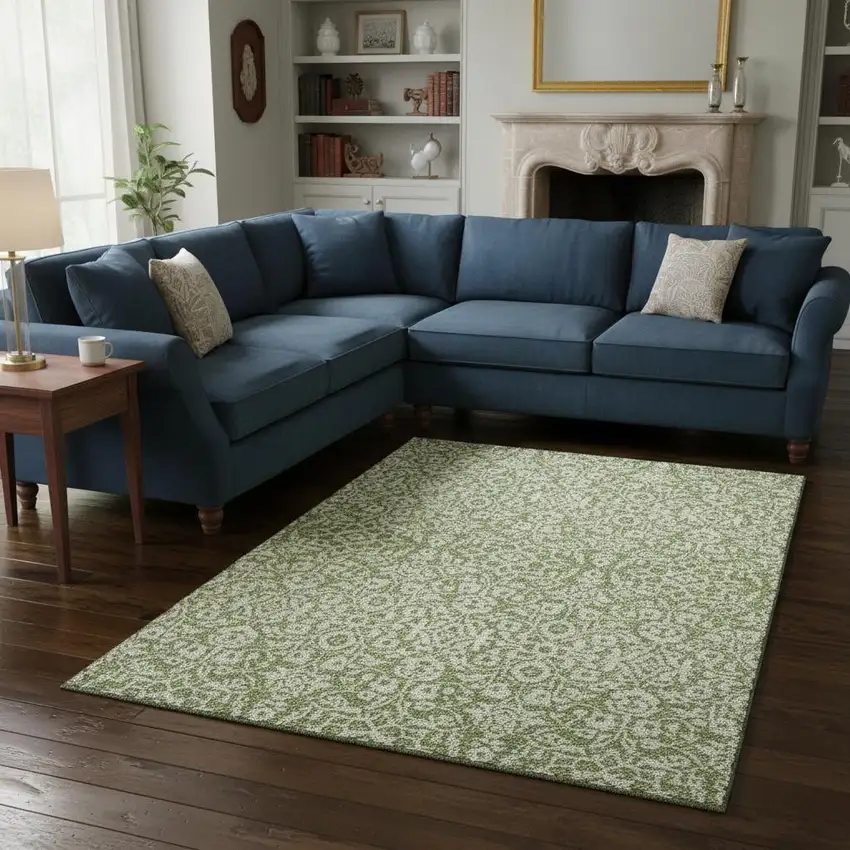 Green And Ivory Damask Washable Area Rug With UV Protection Photo 2