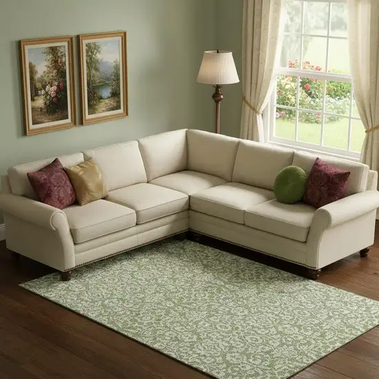 Green And Ivory Damask Washable Area Rug With UV Protection Photo 1