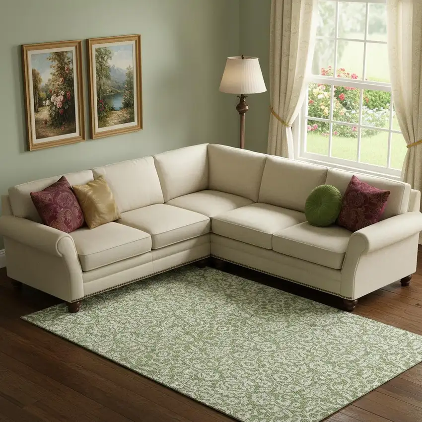 Green And Ivory Damask Washable Area Rug With UV Protection Photo 1