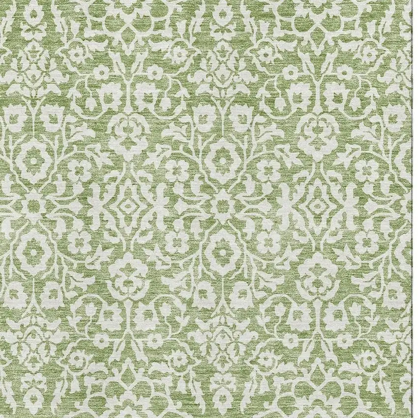 Green And Ivory Damask Washable Area Rug With UV Protection Photo 3