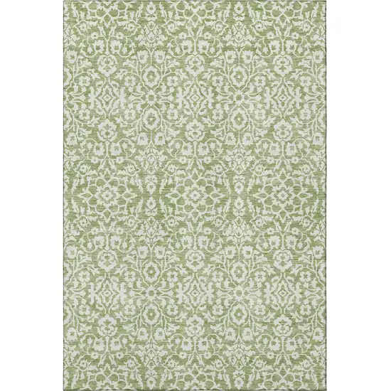 Green And Ivory Damask Washable Area Rug With UV Protection Photo 4
