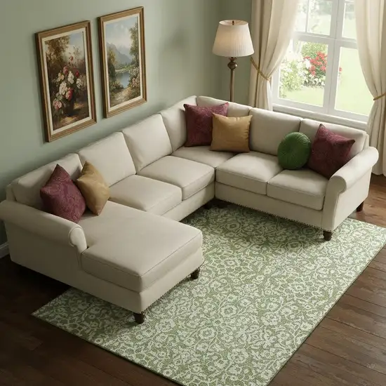 Green And Ivory Damask Washable Area Rug With UV Protection Photo 1