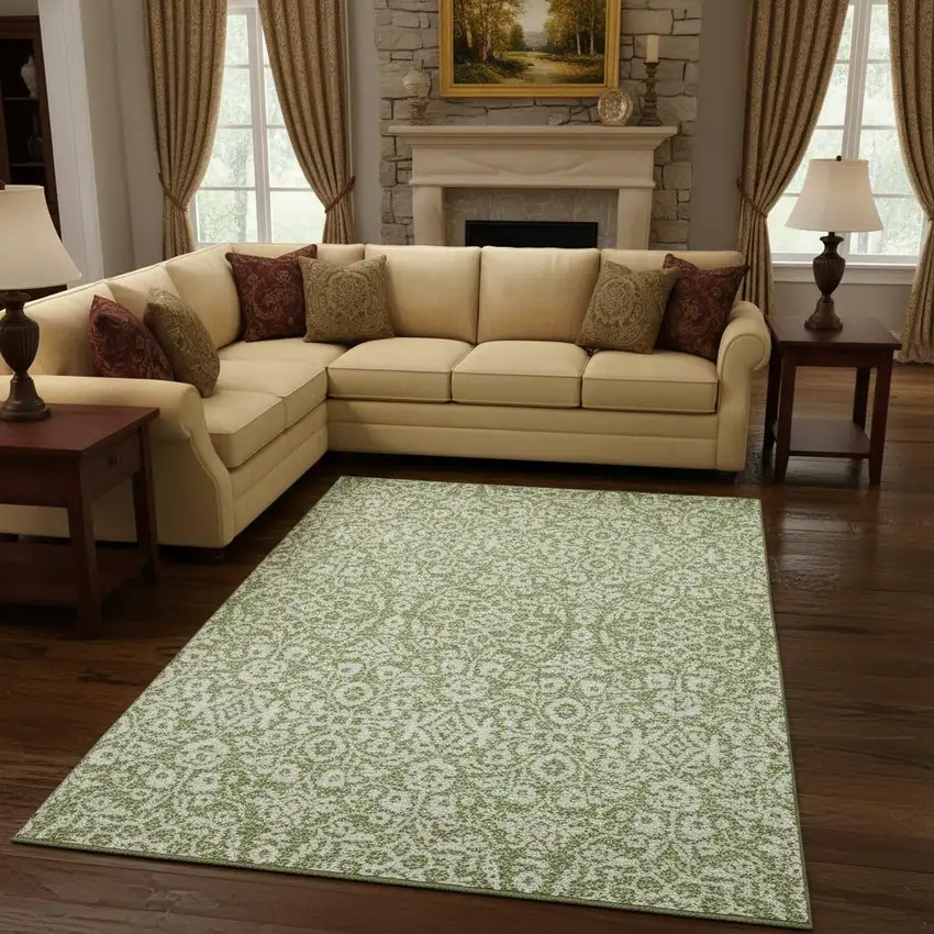 Green And Ivory Damask Washable Area Rug With UV Protection Photo 2
