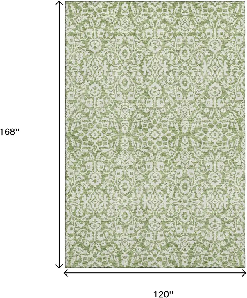 Green And Ivory Damask Washable Area Rug With UV Protection Photo 3