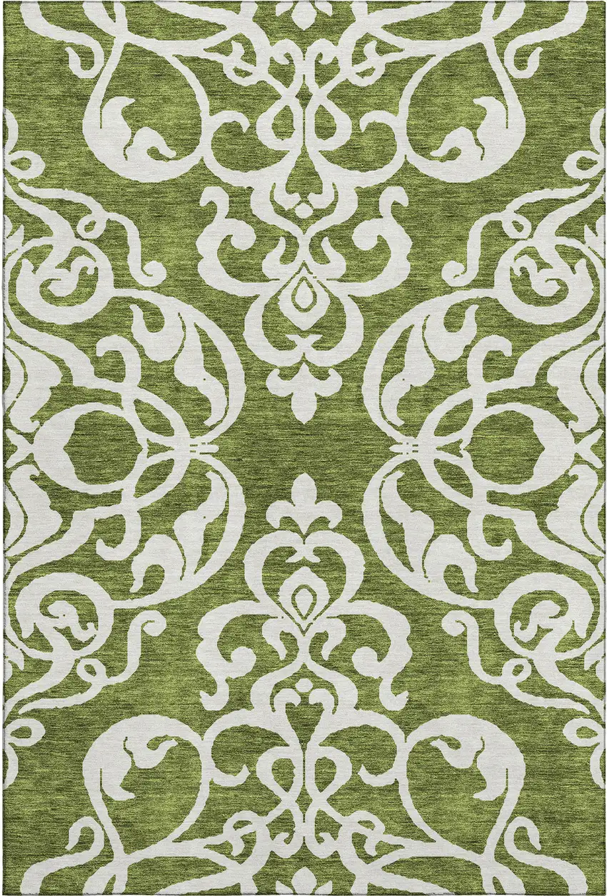 Green And Ivory Damask Washable Area Rug With UV Protection Photo 1