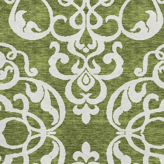 Green And Ivory Damask Washable Area Rug With UV Protection Photo 2