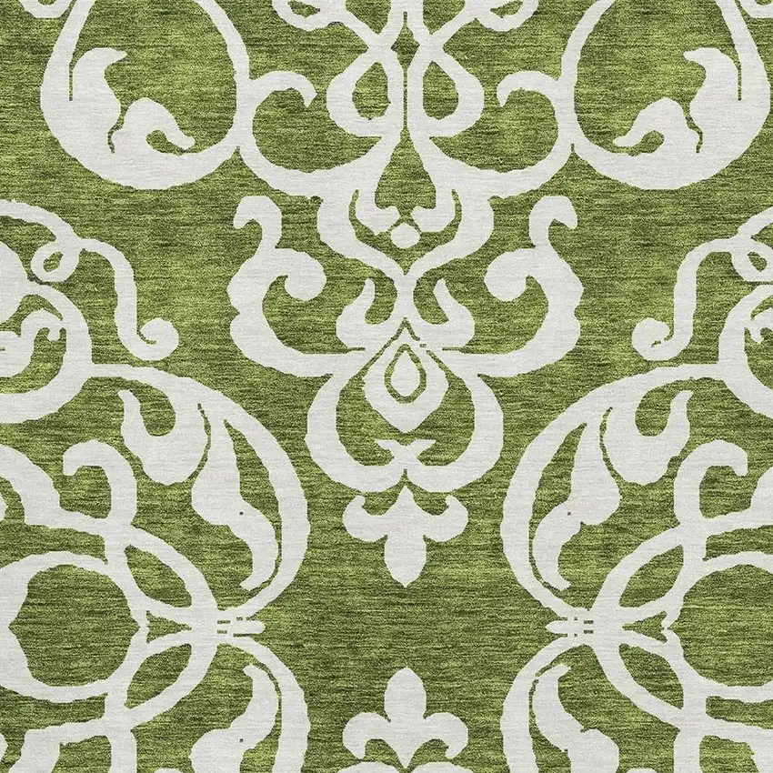 Green And Ivory Damask Washable Area Rug With UV Protection Photo 2