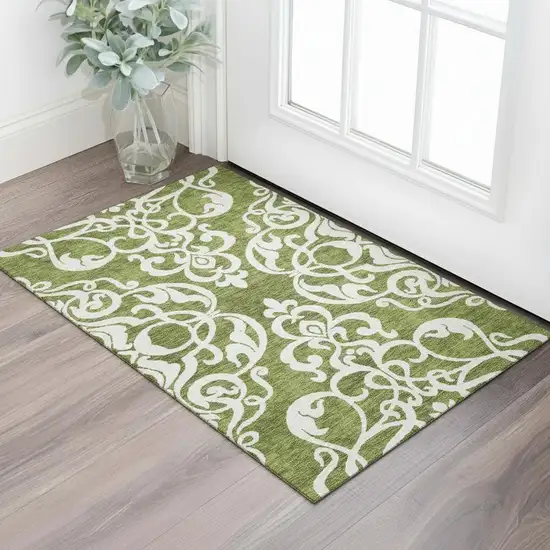 Green And Ivory Damask Washable Area Rug With UV Protection Photo 2