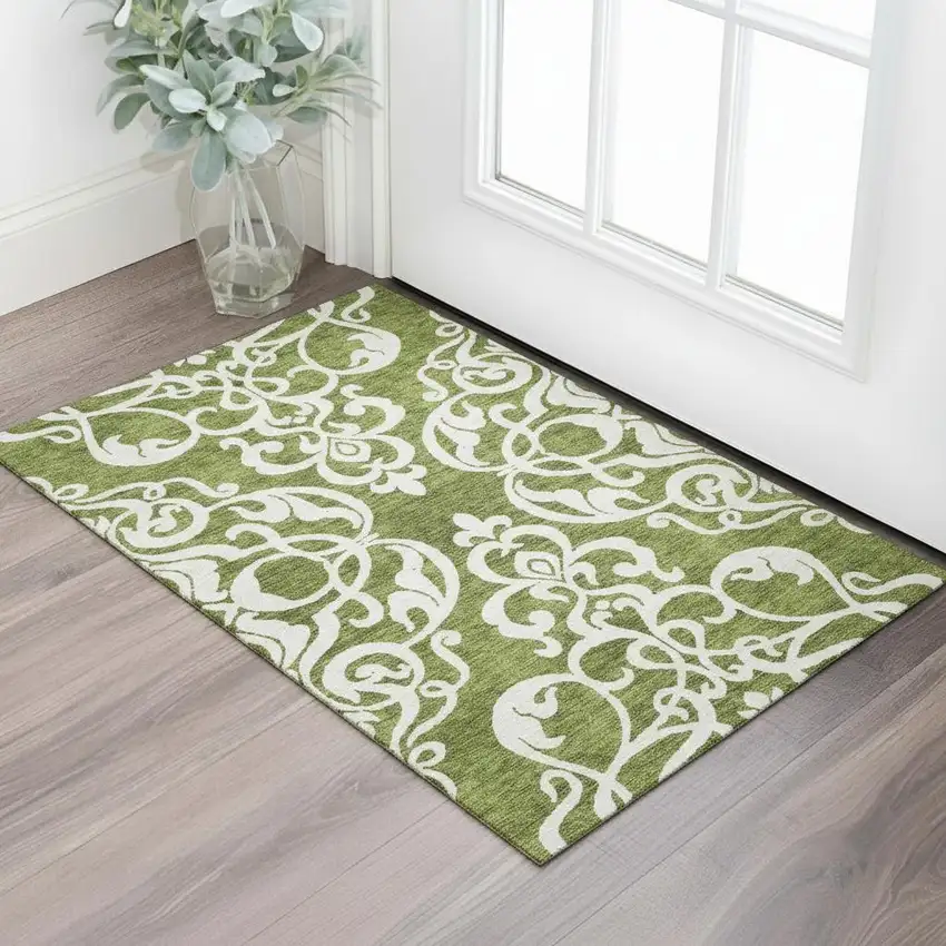 Green And Ivory Damask Washable Area Rug With UV Protection Photo 2