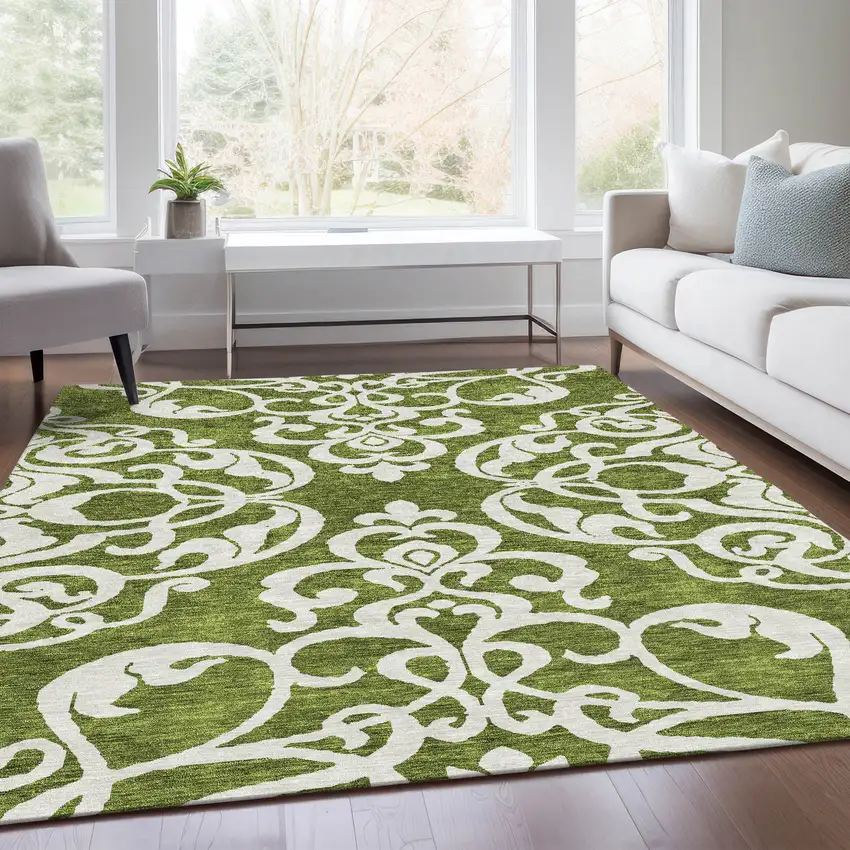 Green And Ivory Damask Washable Area Rug With UV Protection Photo 5