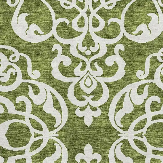 Green And Ivory Damask Washable Area Rug With UV Protection Photo 2