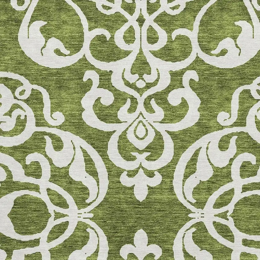 Green And Ivory Damask Washable Area Rug With UV Protection Photo 2
