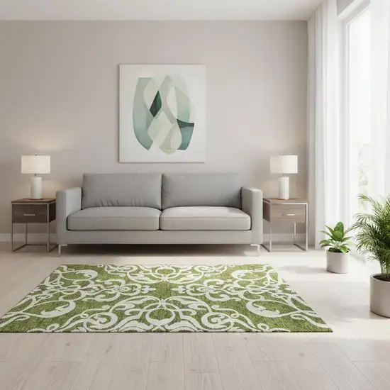 Green And Ivory Damask Washable Area Rug With UV Protection Photo 2