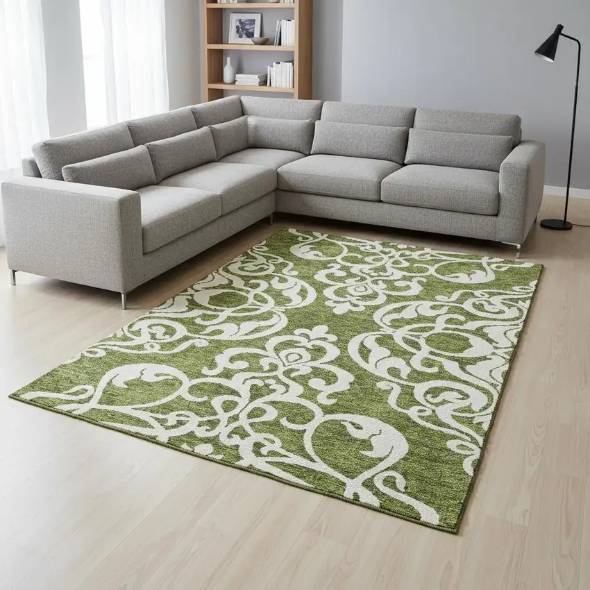 Green And Ivory Damask Washable Area Rug With UV Protection Photo 2