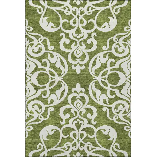 Green And Ivory Damask Washable Area Rug With UV Protection Photo 3