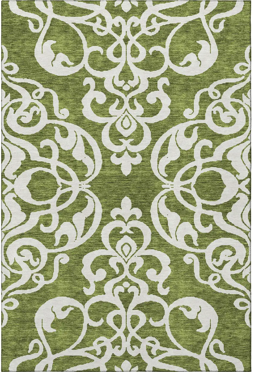 Green And Ivory Damask Washable Area Rug With UV Protection Photo 3