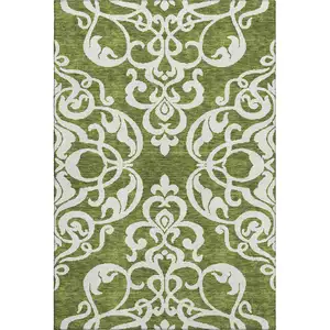 Photo of Green And Ivory Damask Washable Area Rug With UV Protection