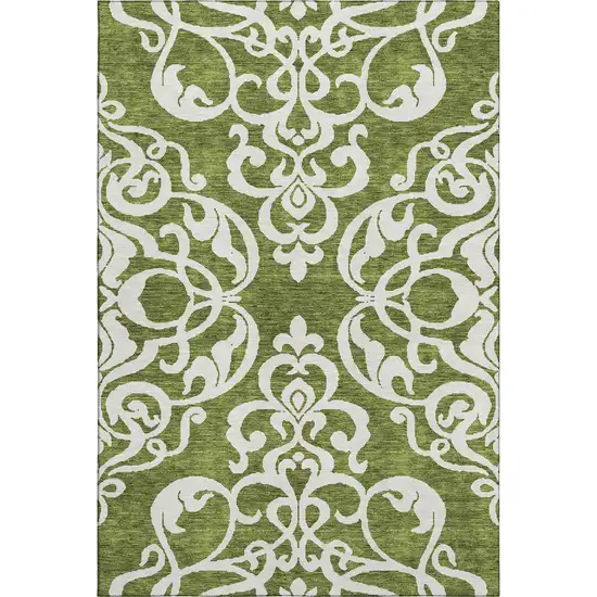 Green And Ivory Damask Washable Area Rug With UV Protection Photo 1