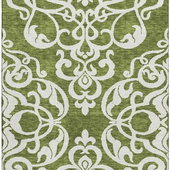 Green And Ivory Damask Washable Area Rug With UV Protection Photo 2