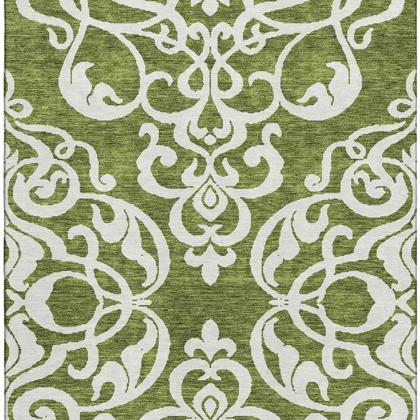 Green And Ivory Damask Washable Area Rug With UV Protection Photo 2