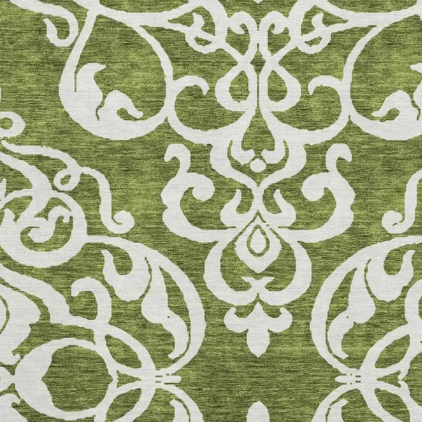 Green And Ivory Damask Washable Area Rug With UV Protection Photo 2