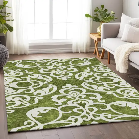 Green And Ivory Damask Washable Area Rug With UV Protection Photo 4