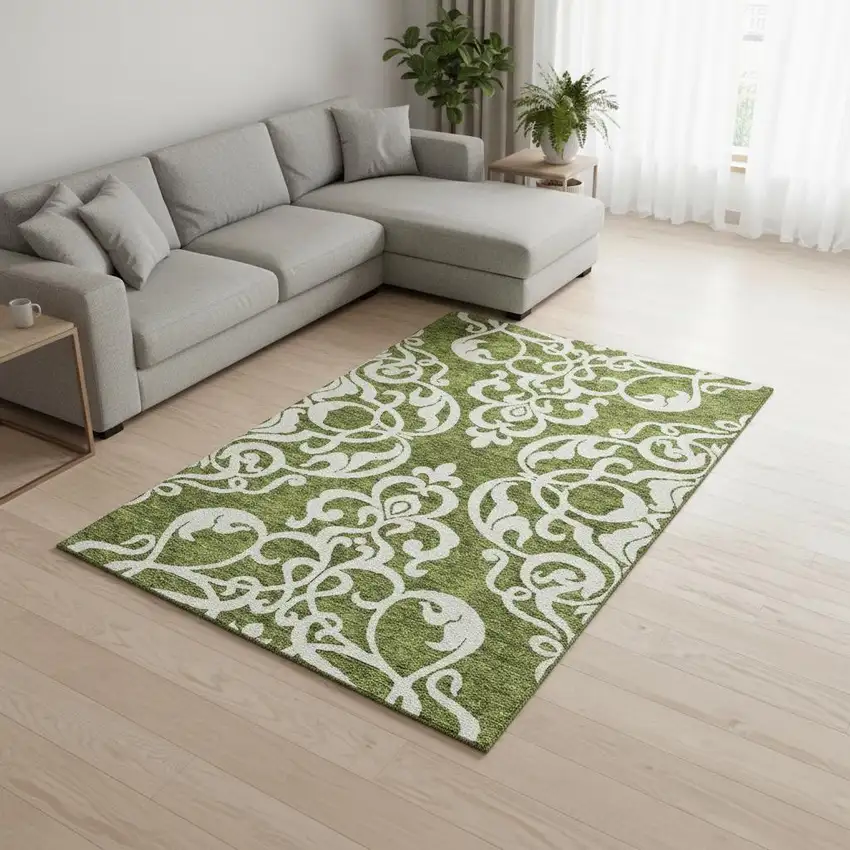 Green And Ivory Damask Washable Area Rug With UV Protection Photo 2
