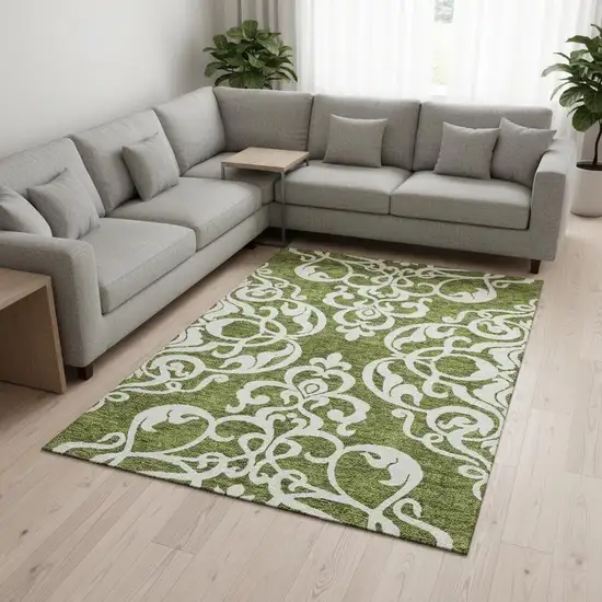Green And Ivory Damask Washable Area Rug With UV Protection Photo 2