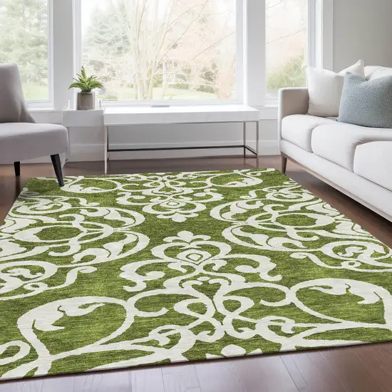 Green And Ivory Damask Washable Area Rug With UV Protection Photo 5