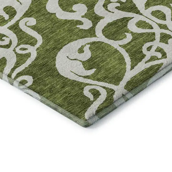 Green And Ivory Damask Washable Area Rug With UV Protection Photo 7