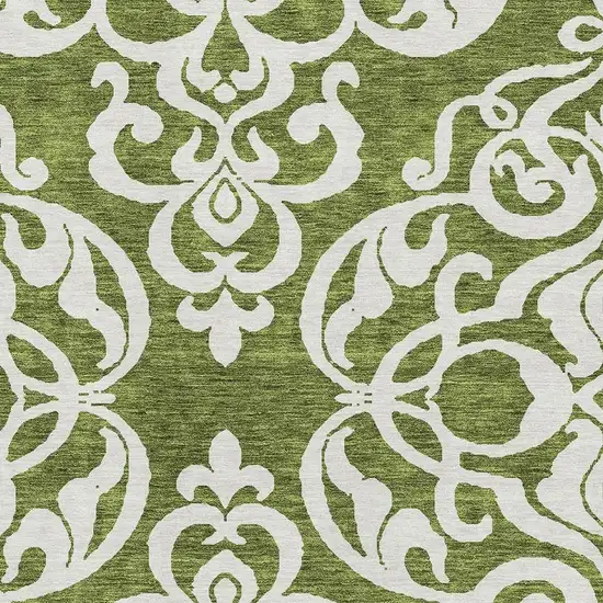 Green And Ivory Damask Washable Area Rug With UV Protection Photo 2