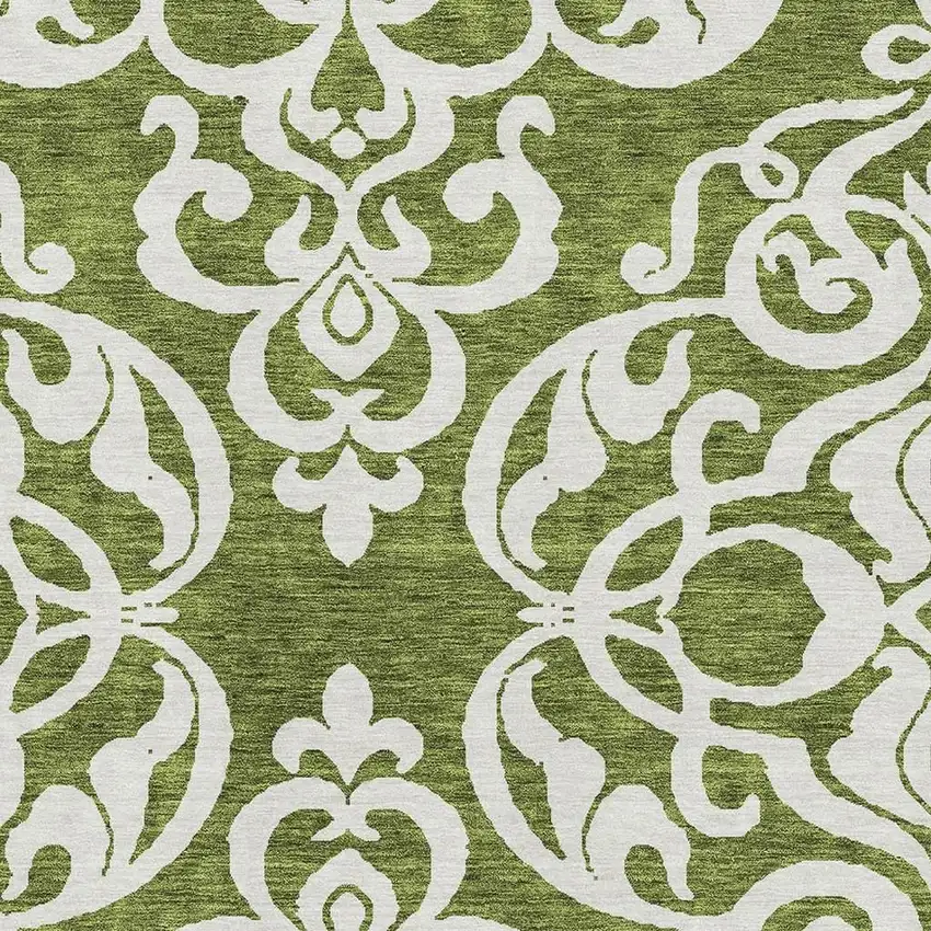 Green And Ivory Damask Washable Area Rug With UV Protection Photo 2