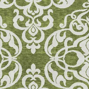 Photo of Green And Ivory Damask Washable Area Rug With UV Protection
