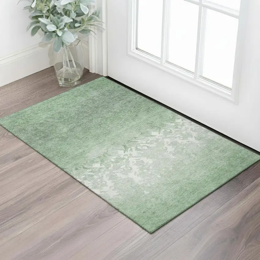 Green And Ivory Damask Washable Area Rug With UV Protection Photo 2