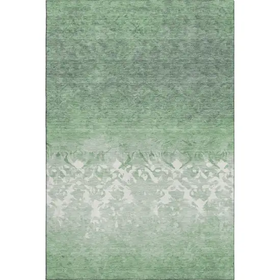 Green And Ivory Damask Washable Area Rug With UV Protection Photo 1