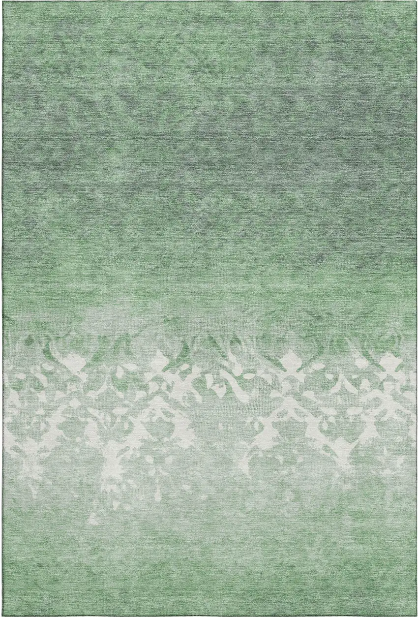 Green And Ivory Damask Washable Area Rug With UV Protection Photo 1