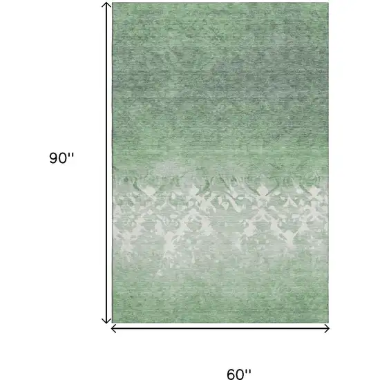 Green And Ivory Damask Washable Area Rug With UV Protection Photo 9