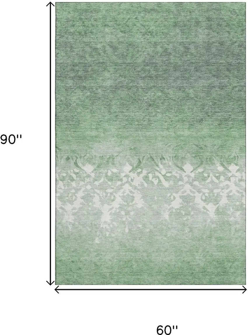 Green And Ivory Damask Washable Area Rug With UV Protection Photo 9